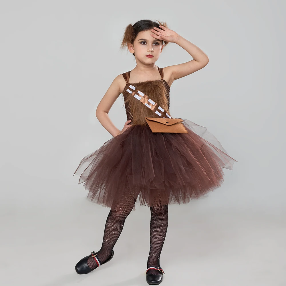 Chewbacca Star Wookie Cute Fancy Halloween Costume Brown Faux Fur Kids Tutu Dress for Cosplay Role-play Cartoon Clothing