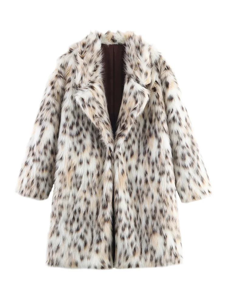 HH femmes mode col rabattu fausse fourrure veste hiver femme col haut boucle cachée poche imprimé léopard à manches longues manteau