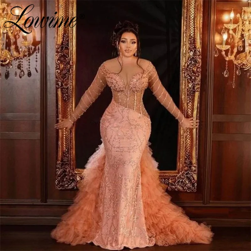 Lowime Luxury Pink Prom Dresses Long Train Mermaid Party Gowns For Weddings 2024 Robe African Women Celebrity Dress Evening Wear