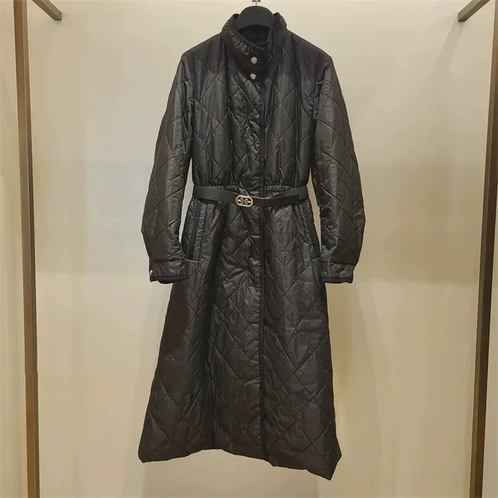 OBZ25 Herfst Lange Citroen Kaas Donsjas Met Riem Diamant Patroon Veelzijdige Rechte Cut Pendelen Sle Damesjas