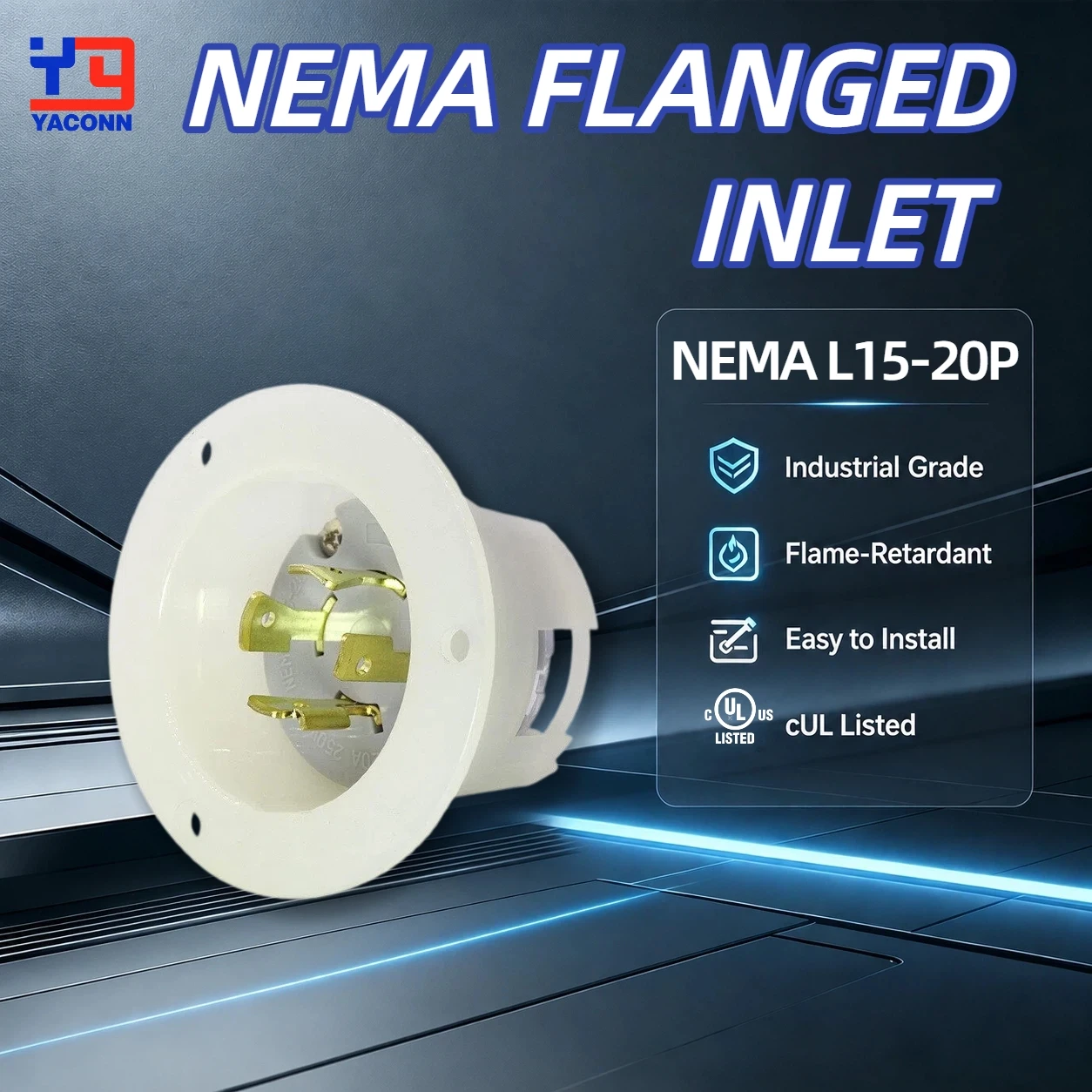 NEMA L15-20P Flanged Inlet Locking Plug 3-Phase Black 20A 250V, 3-Pole 4-Wire Grounding Industrial Grade Plug For RVs  Marine