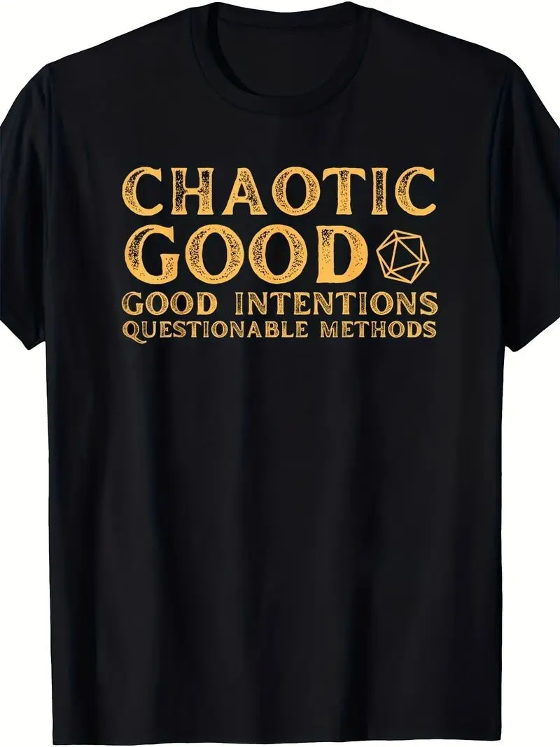 Plus Size Chaos Kindness Declaration T-Shirt Black Short Sleeve Golden Stamping Vintage Print D20 Dice Role-Playing Daily Wear