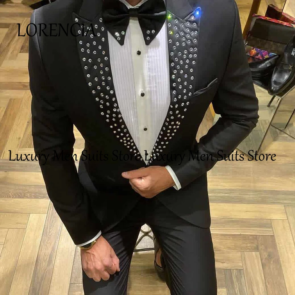 

Elegant Rhinestone Men Suits 2 Pieces Peak Label Tuxedos Wedding Party Outfits Customized Blazer Pants jaqueta masculina couro