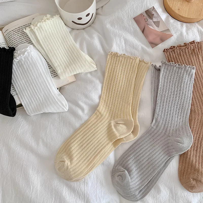Women Thin Breathable Ruffle Lace Ballet Style Sweet Girls Solid Color Lolita Kawaii Socks White Kahaki Loose High Long Socks