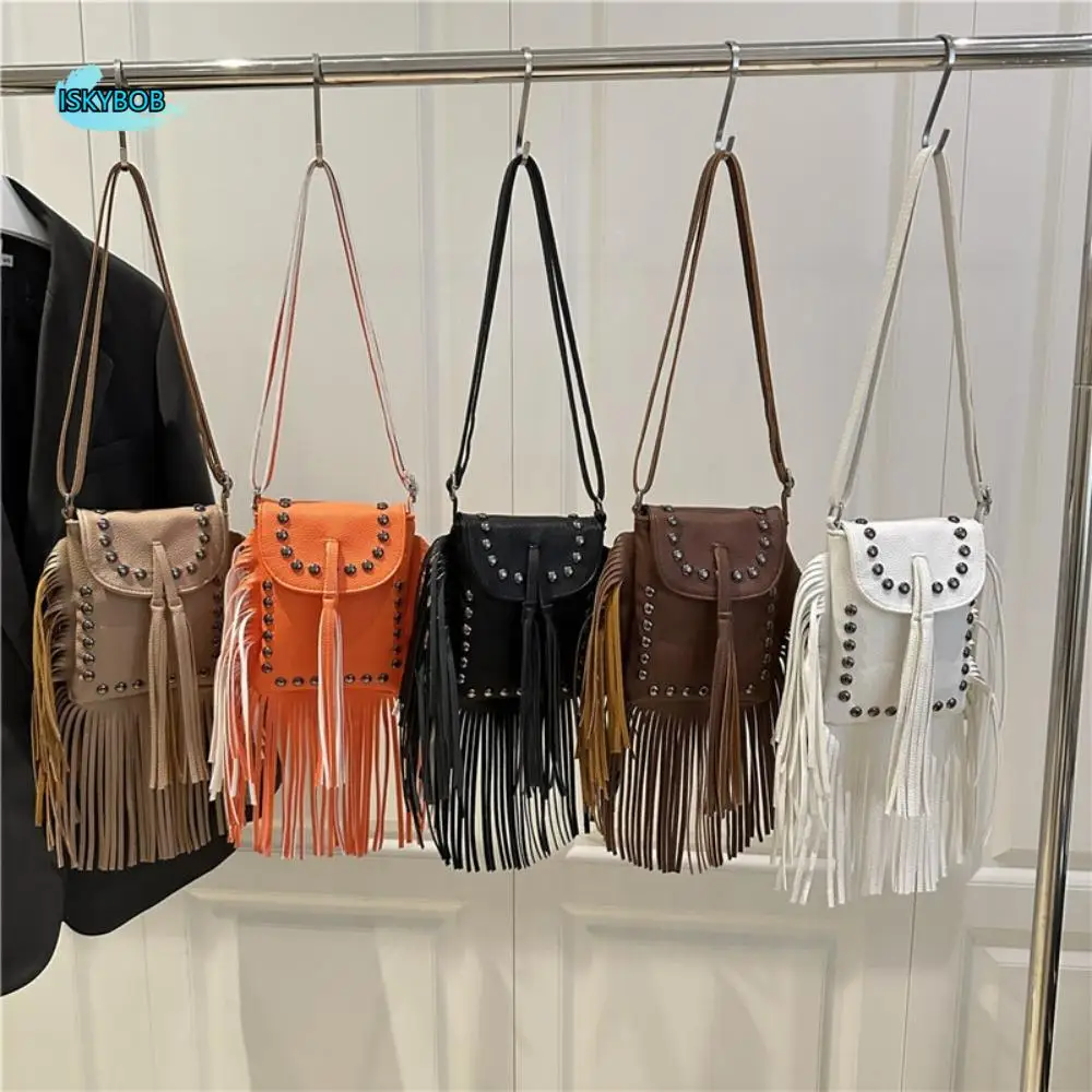 

Retro Riveted Tassel Shoulder Bag Solid Color PU Leather Handbag Bohemian Style Korean Style Crossbody Bag Outdoor