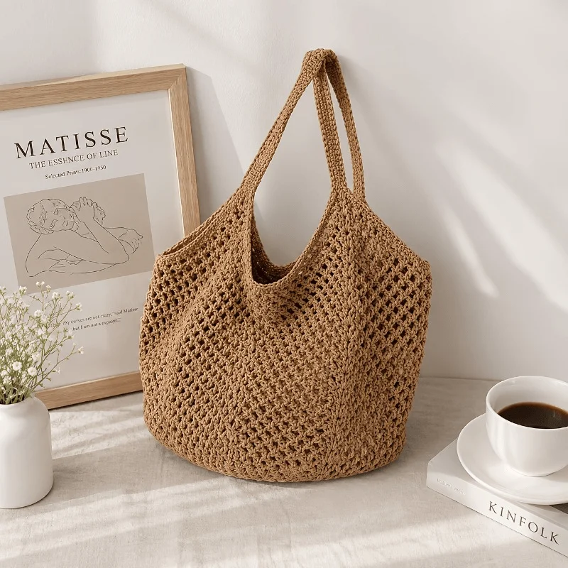 Women Large‑Capacity Woven Tote Bag, Light Breathable Open‑Top Shoulder Handbag for Beach Travel Shopping Commute Daily Use image 4