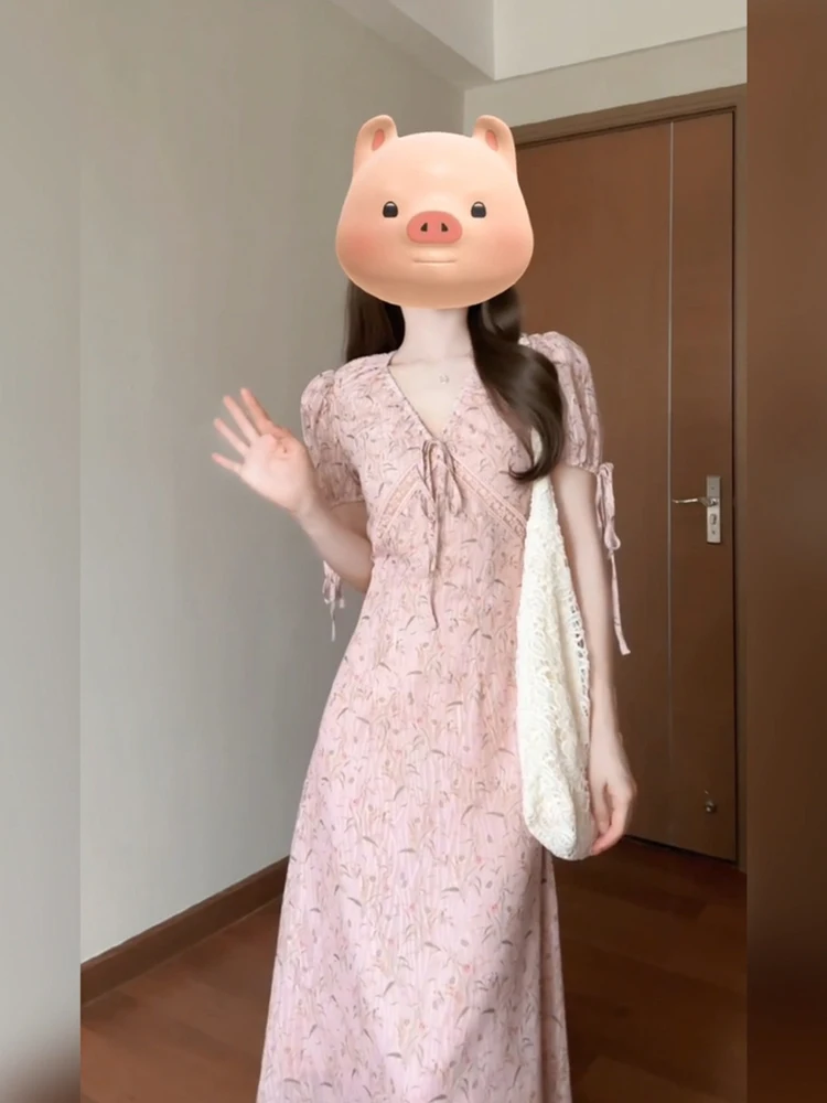 

XZY Ele Floral Print Maxi Dr V-Ne Slimming Summer Tea Break Pink Women's Faion Casual A-Line Dr Polyester Fiber