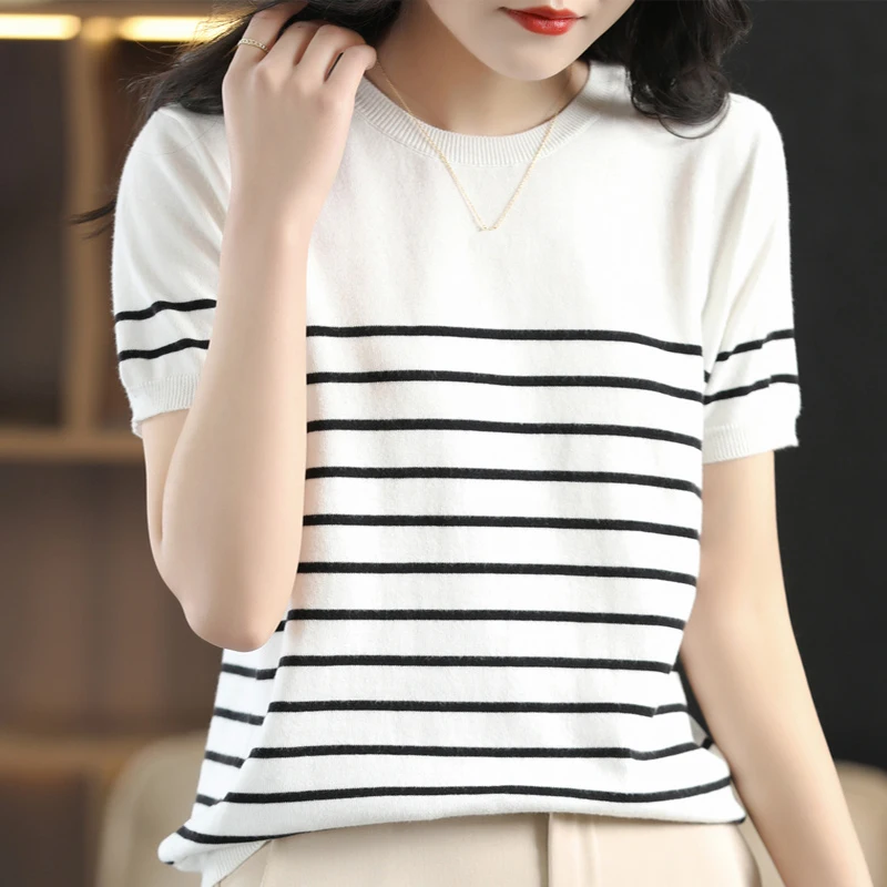 Women O-Neck Striped Knitted Blouse Short Sleeve Knitted Sweater Shirt Slim Fashion Pullover Shirt Female