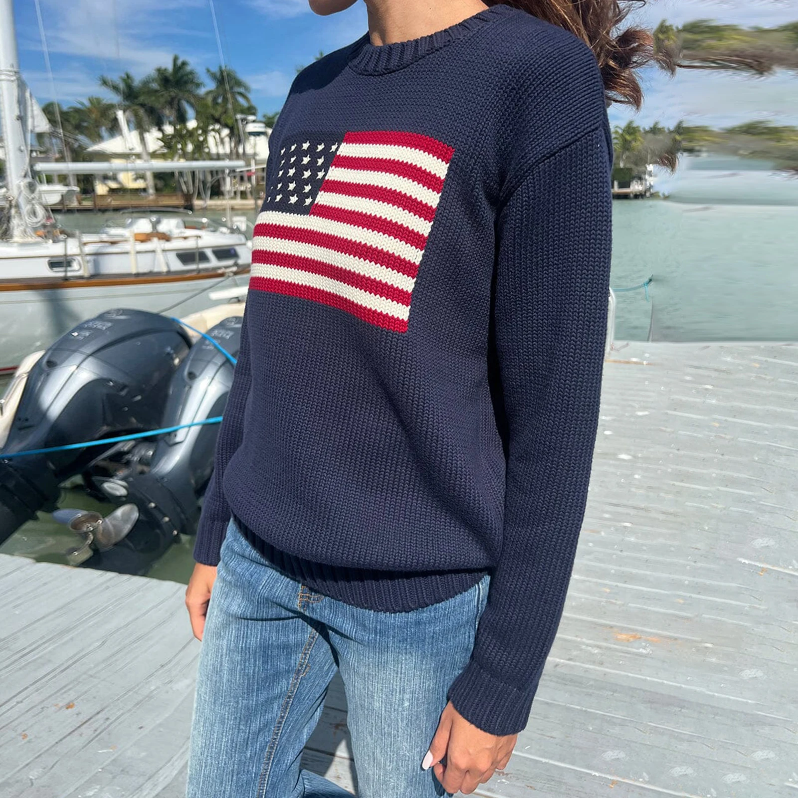 Women\'s Loose Knit Sweaters Long Sleeve Flag Patterned Long Sweaters Round Neck Ribbed Loose Knitted Tops Pullovers