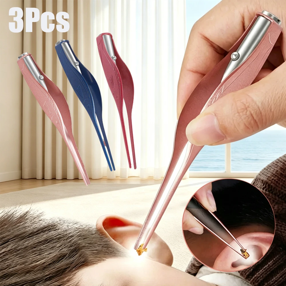 3Pcs Ear Cleaner LED Flashlight Earpick Wax Removal Tweezer Luminous Kids Stainless Steel Tweezer Remover Ear Cleaning Tool