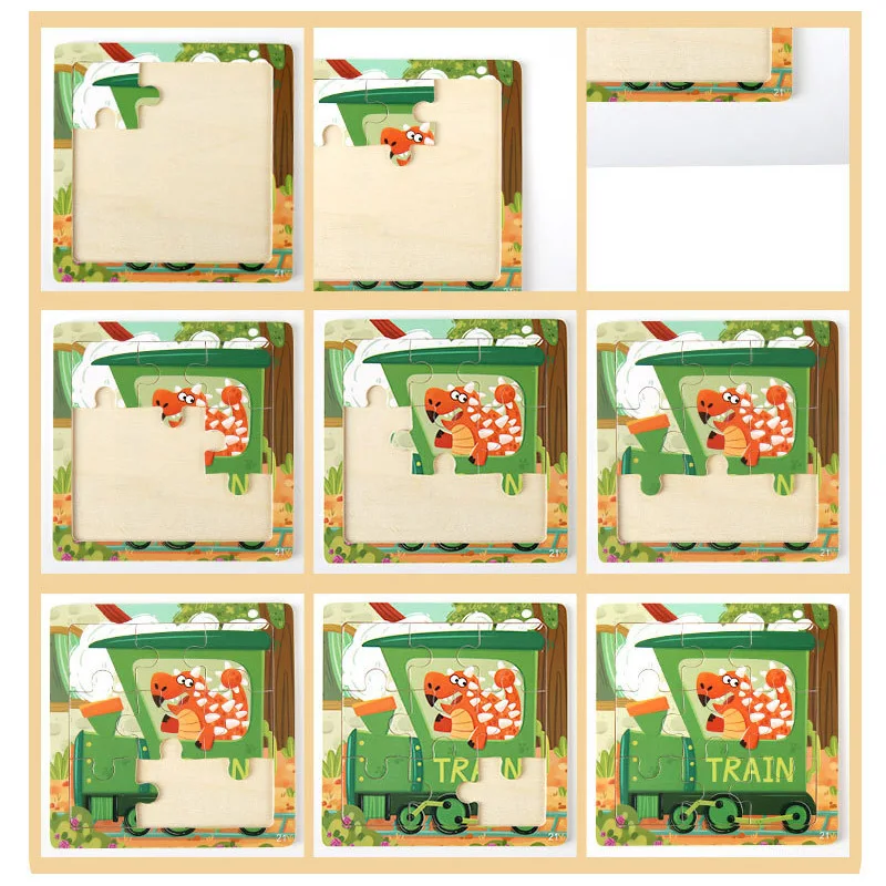 Nuovo 9 pezzi piccolo Puzzle in legno cartone animato animale veicolo 11x11cm legno 3d Puzzle giocattoli educativi Montessori per i regali dei