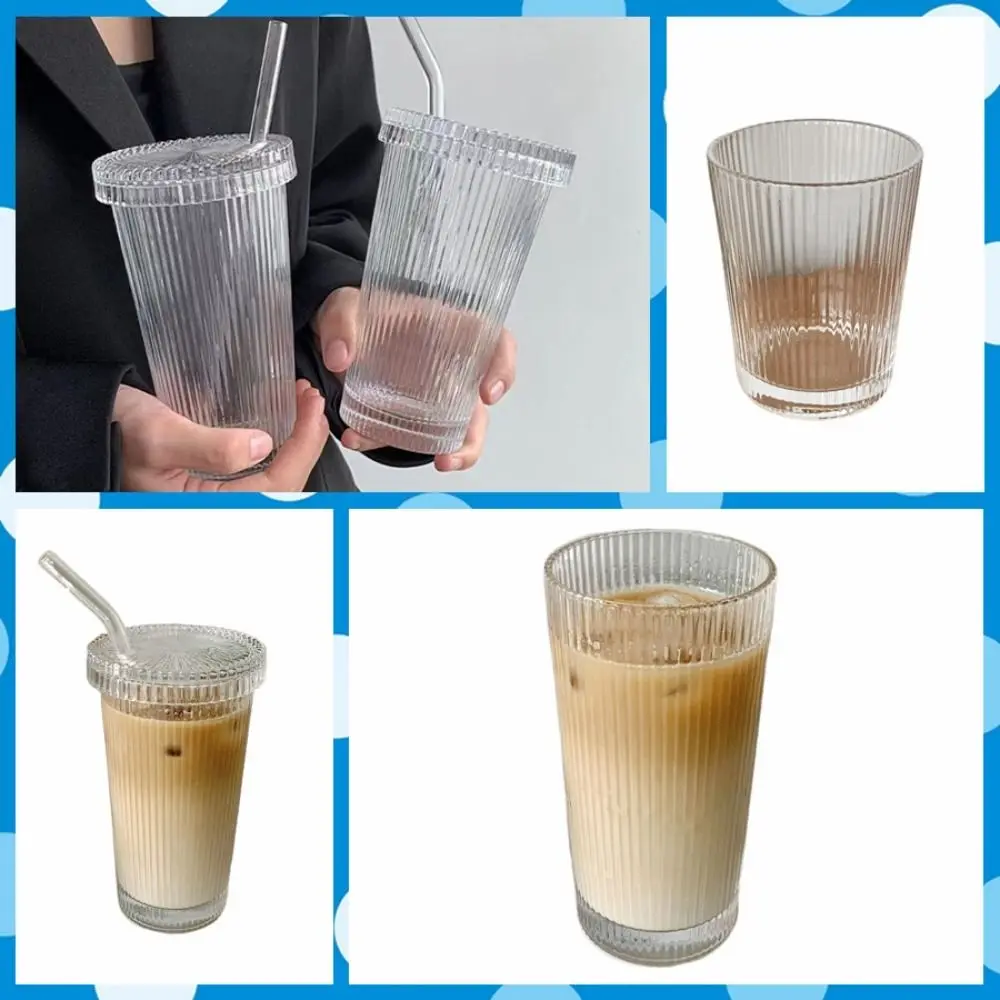 Chic Transparent Vertical Striped Glass Cup Simple Style Thickened Mugs with Lid Straw 375ml Bubble Tea