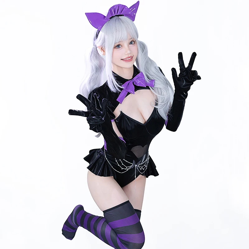 زي تنكري أصلي للخادمة اللطيفة من SENMHS بدلة ضيقة من جلد البولي يوريثان اللامع مع جوارب مخططة متطابقة لحفلات الهالوين #3