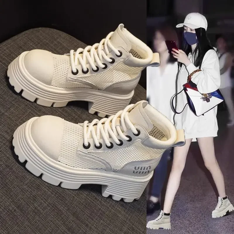 Women's Summer Thin 2024 New Height Increasing Insole Hollow-out Sandal Genuine Leather Elevator Boots