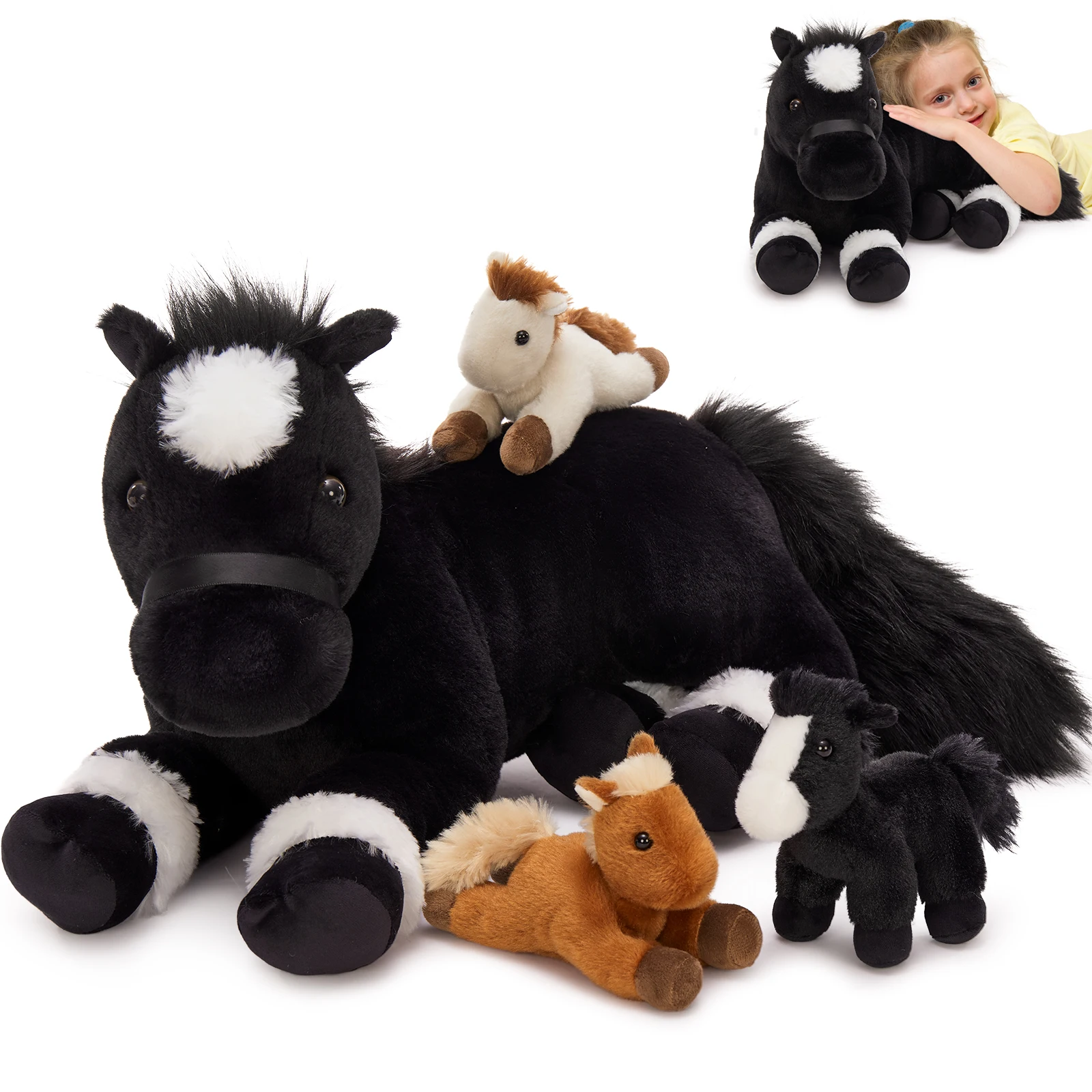 

MaoGoLan 4 Pcs Horse Stuffed Animal Set, Large Stuffed Mommy Horse with Babies Pony Plush for Baby Shower, Pony Stuffed Animal