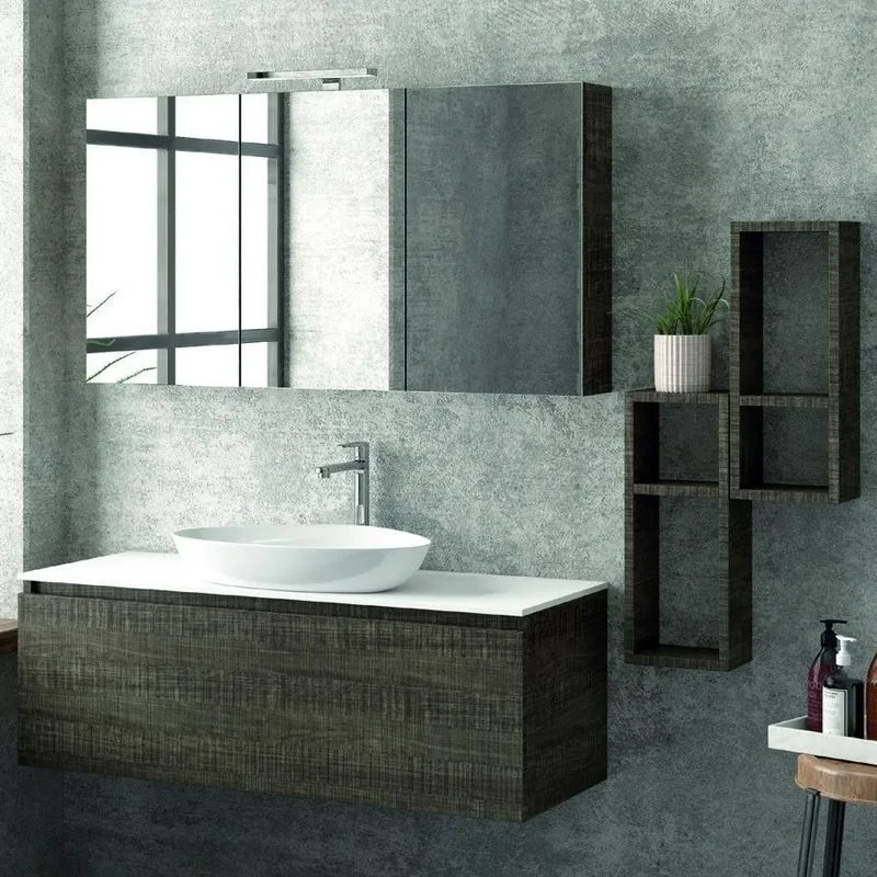 Luxurious 120cm Suspended Bathroom Composition Solid Wood Mirror Cabinet and Two  Wall Units with Ceramic Basin