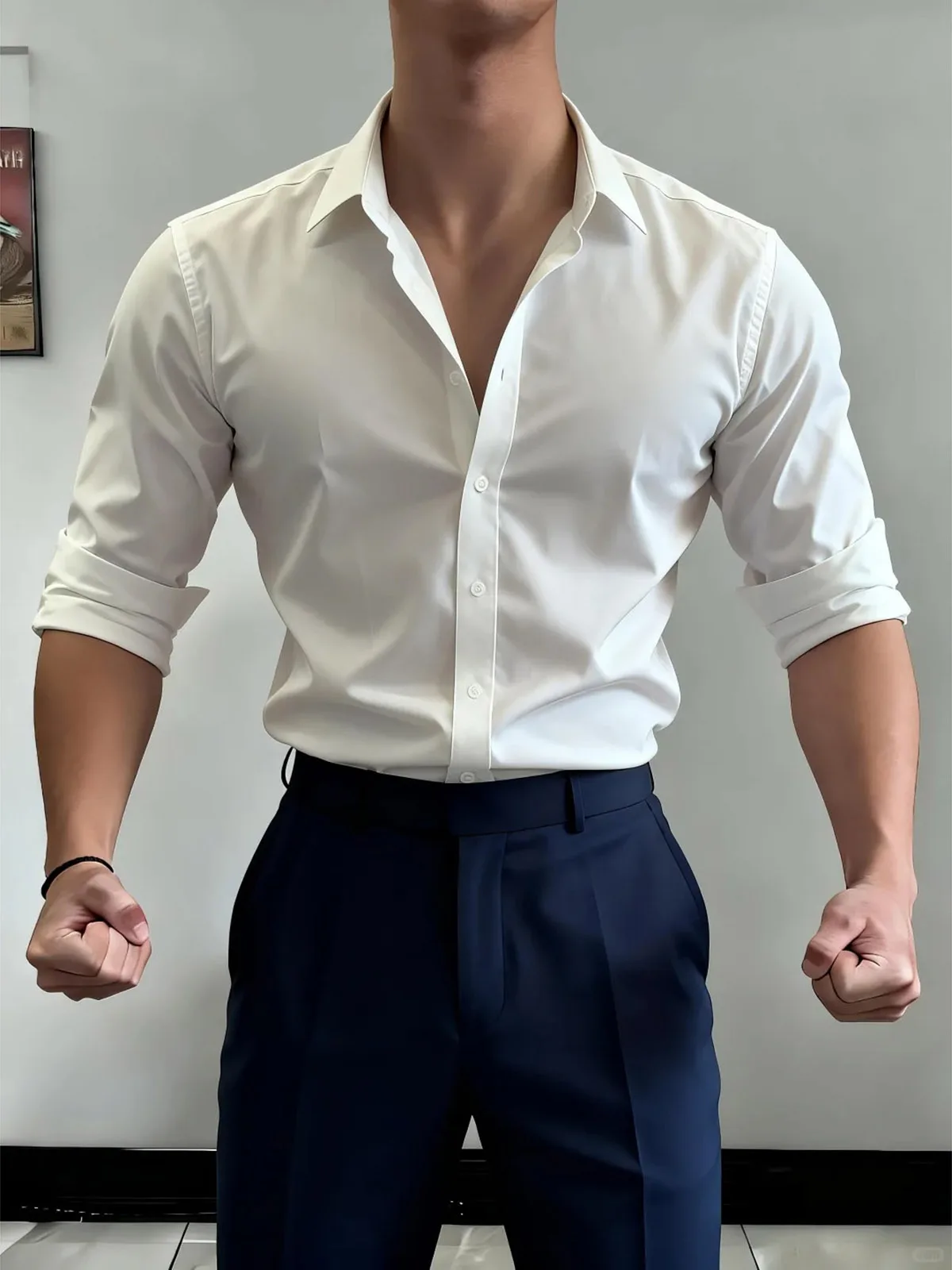 British Style Slim Fit Muscle Enhancing White Long Sleeve Shirt Men's Fashion Advanced Drape Collar Youthful Autumn Wear