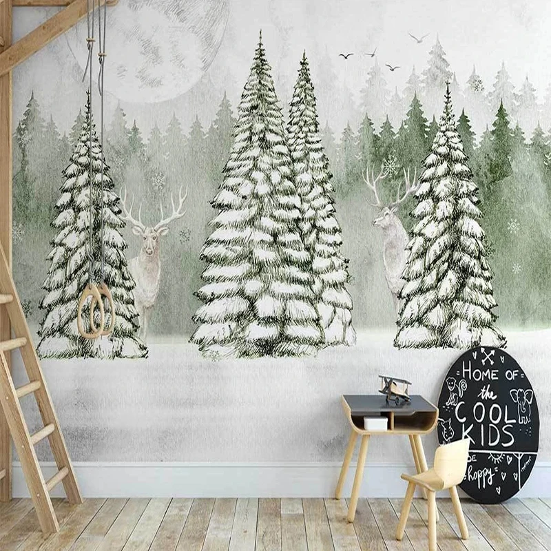 Custom Wall Cloth Nordic Hand-painted Abstract Forest Elk 3D Wallpaper Children's Room Bedroom Background Wall Home Decor Mural