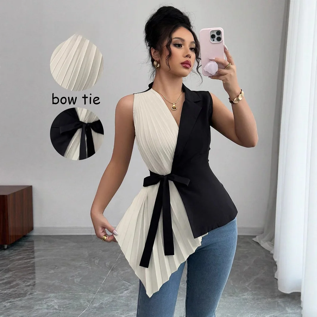 

Elegant Women's Suit Set Korean Fashion Summer New Short Pants Shirt Polyester Fabric Sleeveless Intellectual Style