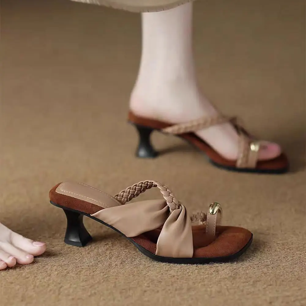 

Повседневные женские сандалии на каблуке с открытым носком в стиле ретро, летняя уличная одежда, красивые тапочки без шнуровки в римском стиле, корейская версия