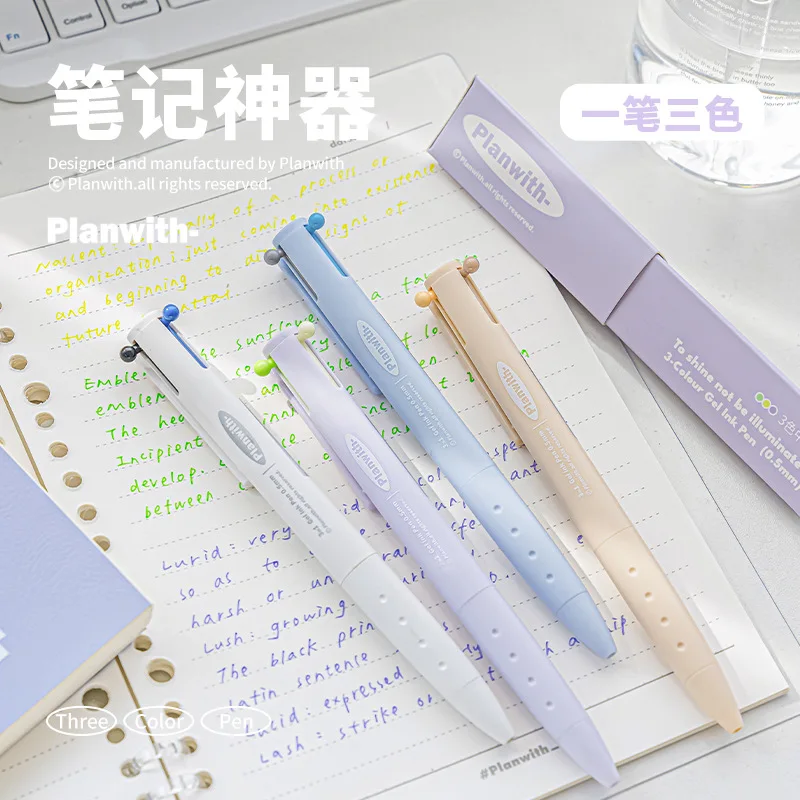 Kawaii 3 Color Retractable Gel Pen 0.5mm Multifunctional Triangular Comfortable Grip Pen Holder Stationery Back To School