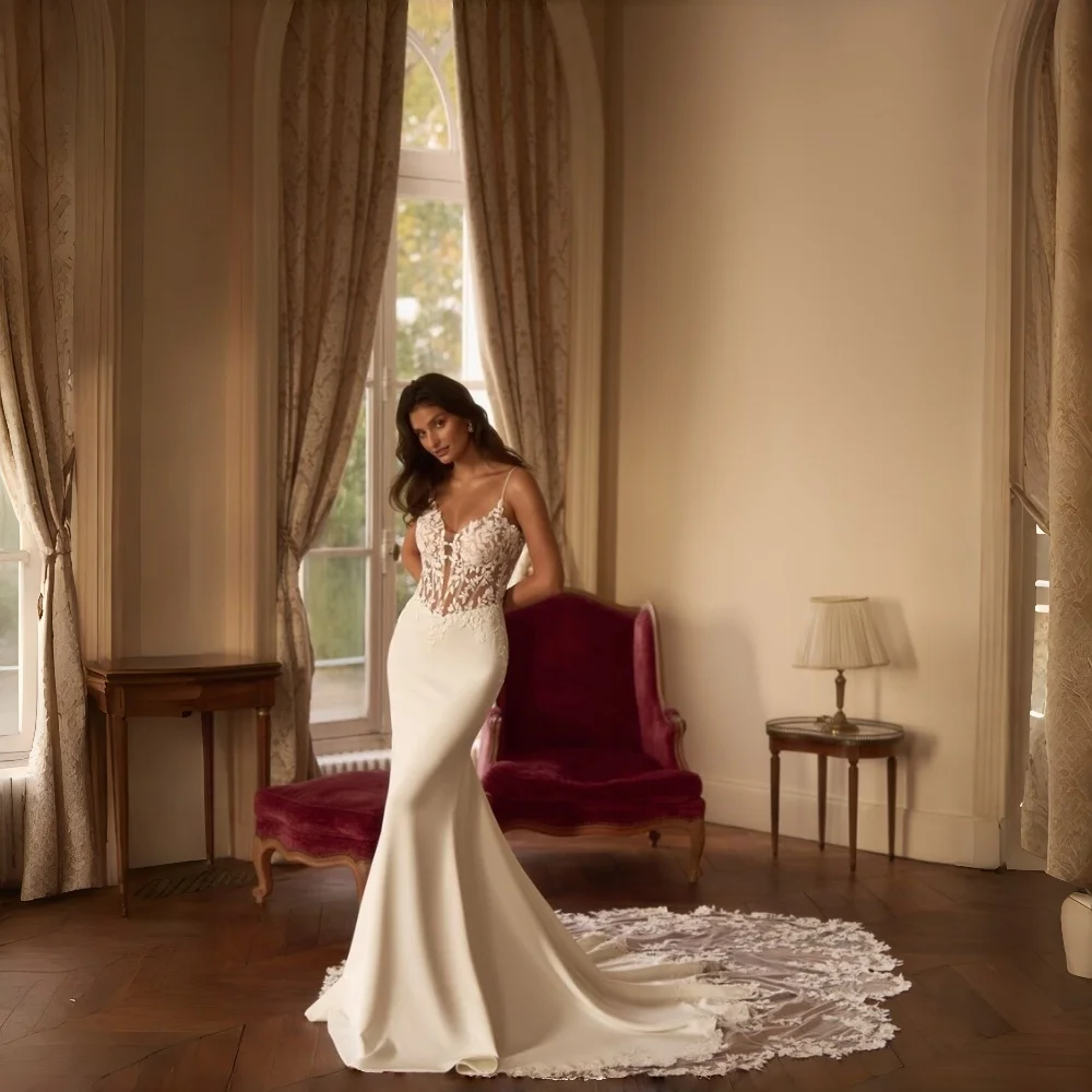 Customized Mermaid Crepe Wedding Dresses Lace Deep V-Neck Spaghetti Straps Sleeveless Floor Length Backless Train Bridal Gowns