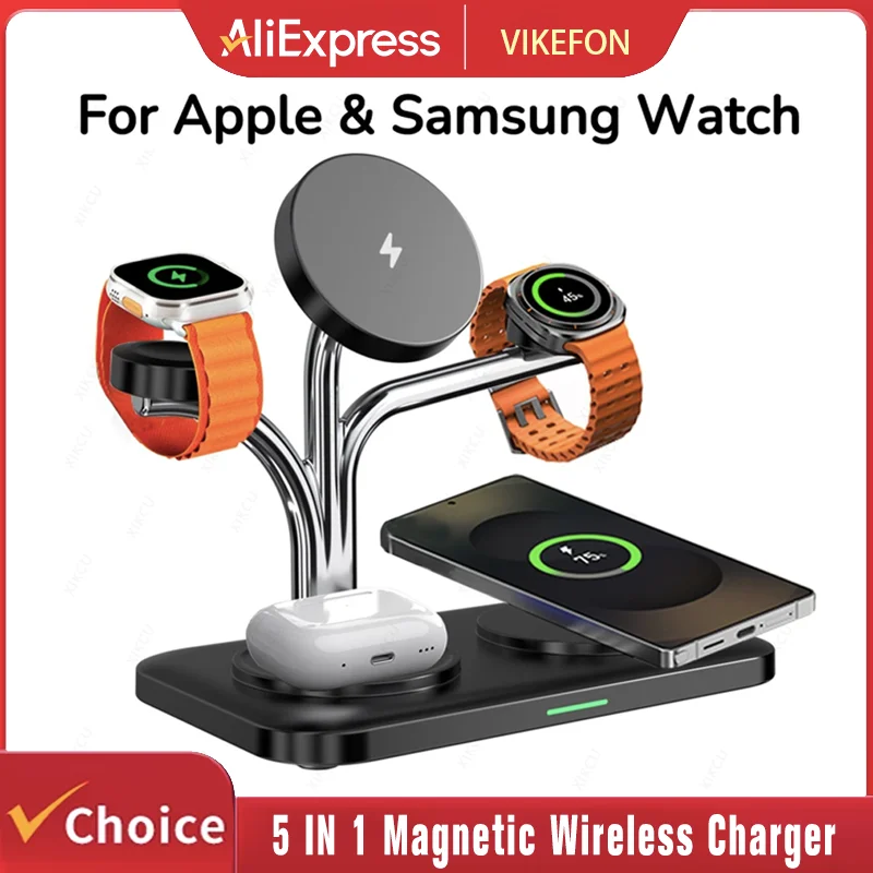 

Магнитное беспроводное зарядное устройство 5-в-1 для быстрой зарядки двух телефонов и часов (для iPhone 17~12, Samsung, Apple/Galaxy Watch, AirPods Pro/Buds)