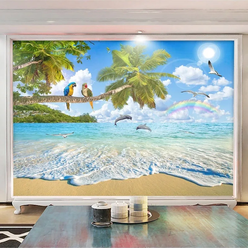 Custom Wall Mural Waterproof Canvas Wallpaper Mediterranean Landscape Painting Parrot Dolphin Beach Blue Sky Living Room Decor