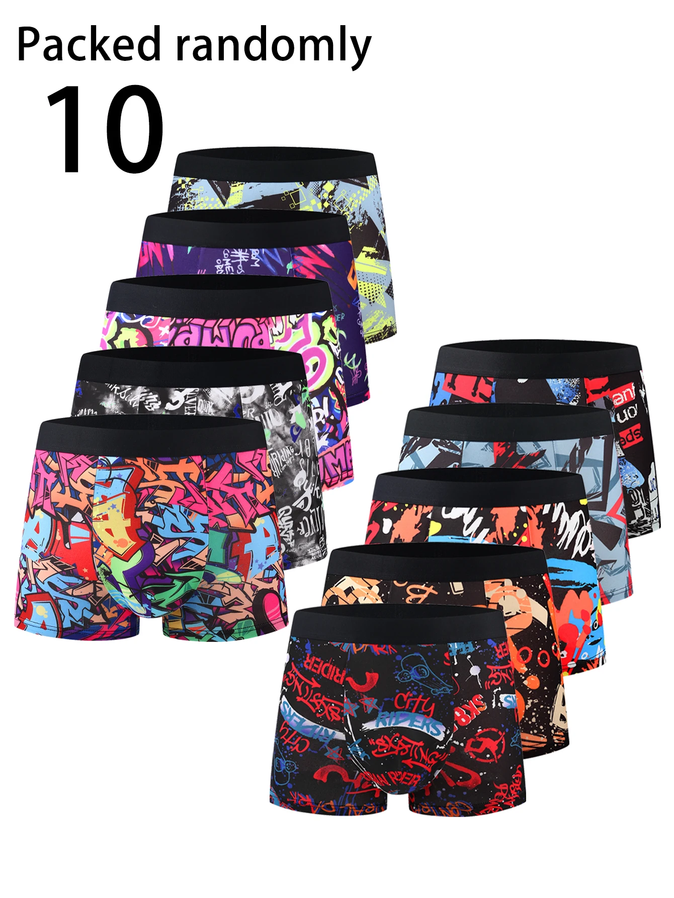 

10-Pack Men's Street Graffiti Style Boxer Briefs Cool Print Comfortable Mid-Waist Youth Design Random Shipping
