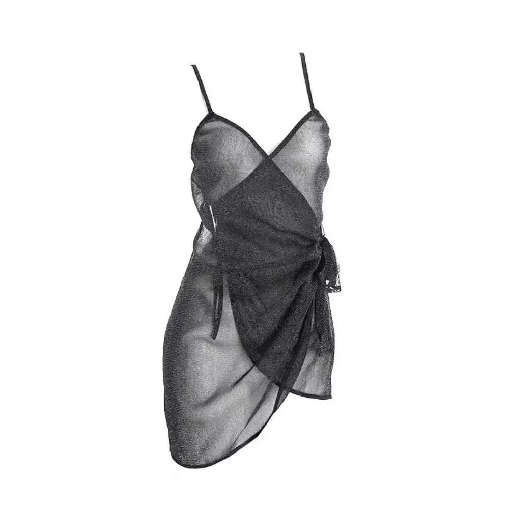 패션 투명 반짝이는 실크 나이트가운 민소매 여성 란제리 레이스업 나이트웨어 플리츠 딥 V 나이트드레스 선물