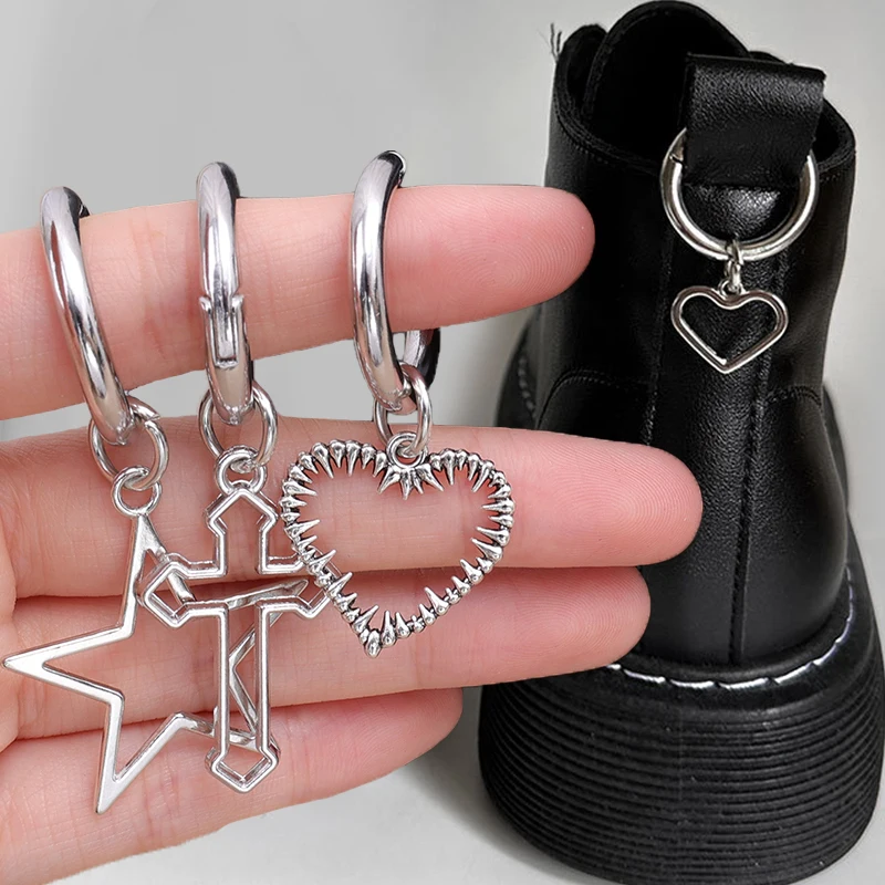 Y2K Punk Shoes Pendant Hollow Star Cross Stars Hearts Martin Boots Shoe Buckles Gothic DIY Metal Snap Hook Jewelry Accessories