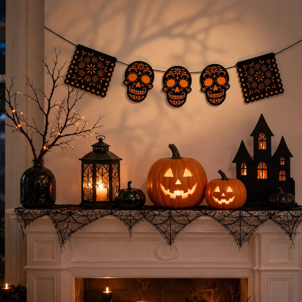 3m Halloween Sugar Skull Garland, 5-Piece Non-Woven Fabric Day of the Dead Banner for Party Mantel Wall Decor