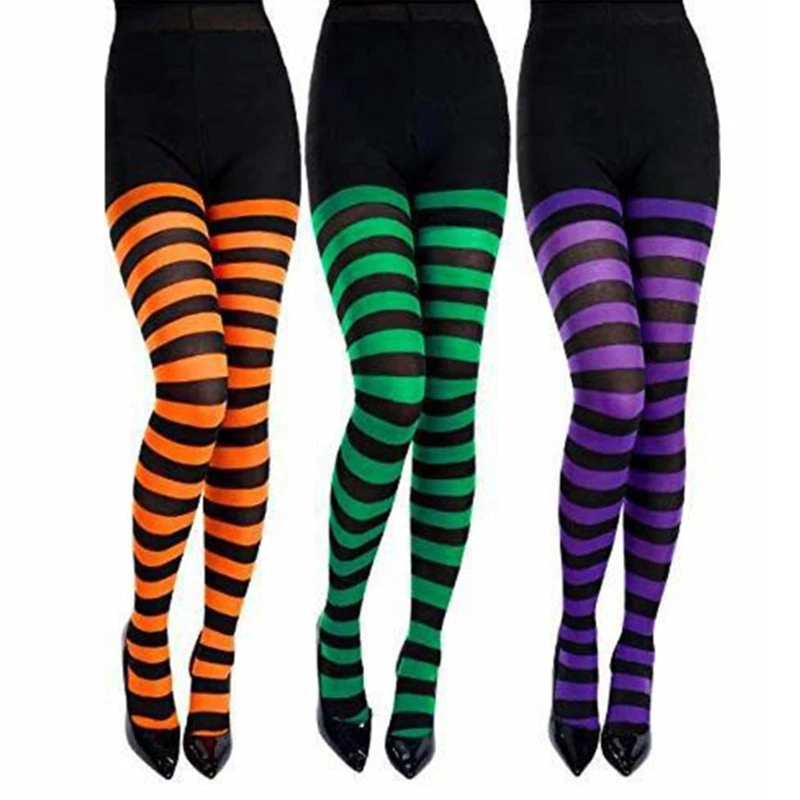 Women Striped Tights Opaque Microfiber Stockings Footed Pantyhose Party Clubwear