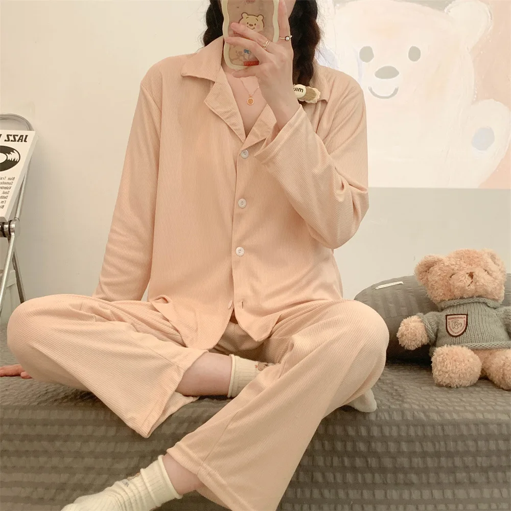 Spring Khaki Women 2PCS Sleepwear Pajamas Set Loose Sleeve Elastic Waist Trouser Suits Loose Casual Home Clothes Lounge Wear