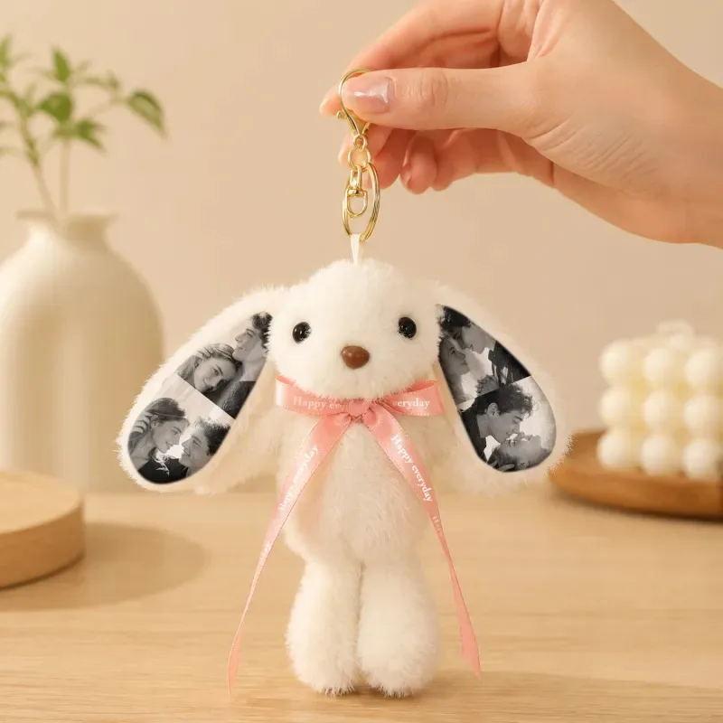 Personalized Photo Bunny Plush Keychain, Custom Rabbit Bag Charm with Picture Ears Birthday Anniversary Keepsake Gift