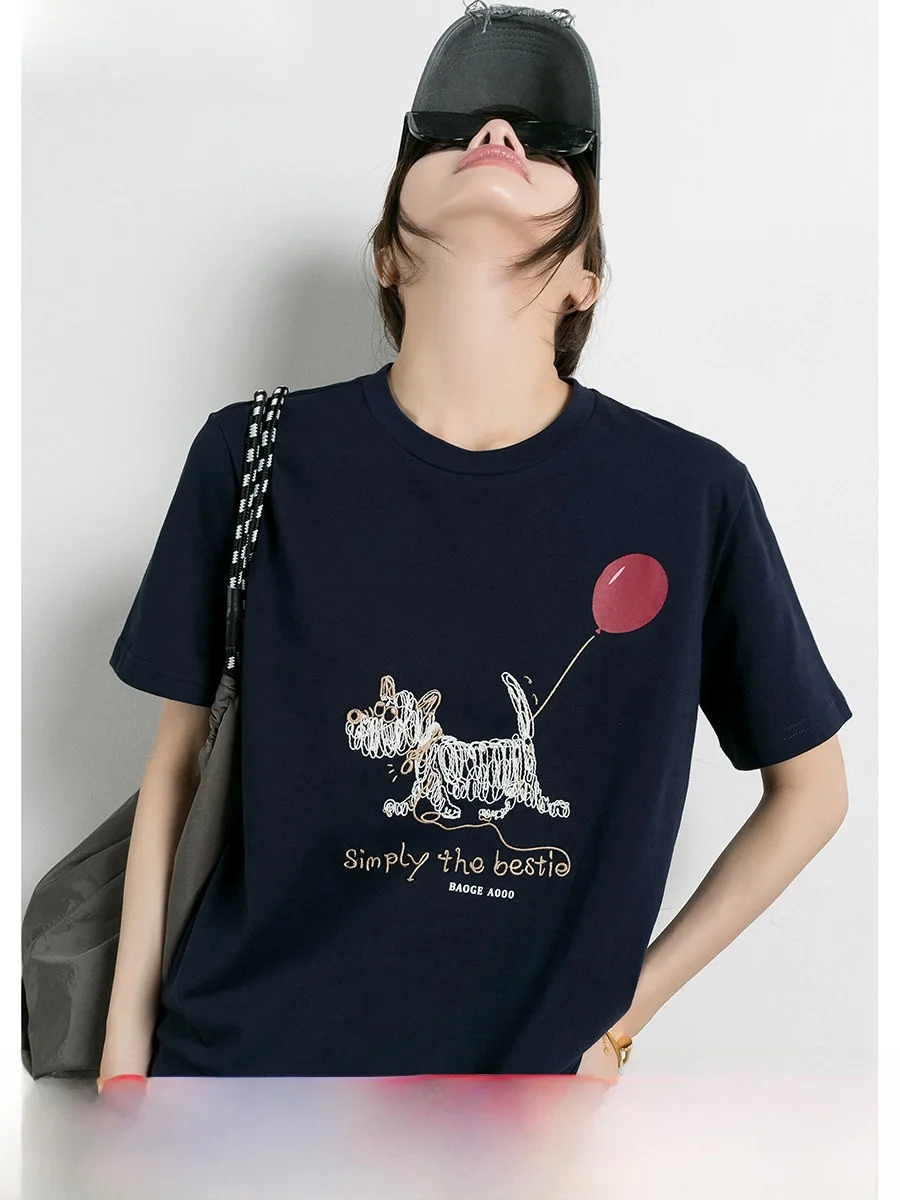 

Модная женская футболка с цветочным узором и вышивкой, свободного кроя, с круглым вырезом, коротким рукавом, летняя, базовая, креативная, 100% хлопок