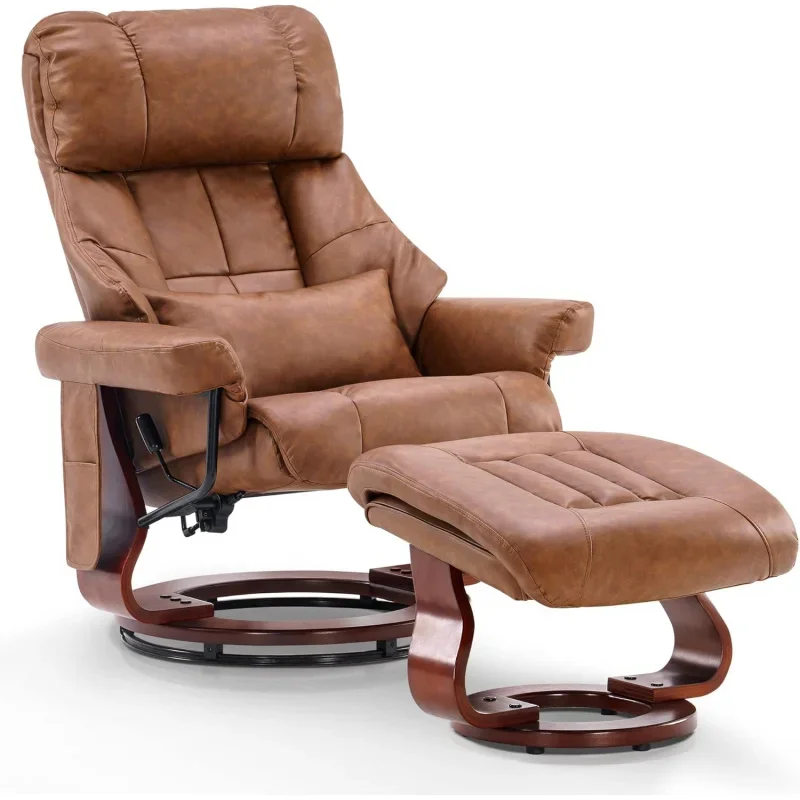 Recliner with Ottoman Reclining Chair with Vibration Massage, 360 Degree Swivel Wood Base, Faux Leather 9068 Brown