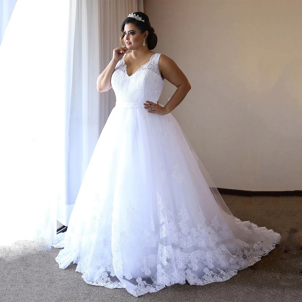 Vestido de casamento branco puro plus size sexy decote em v sem mangas miçangas applique uma linha vestido de noiva noiva para noiva