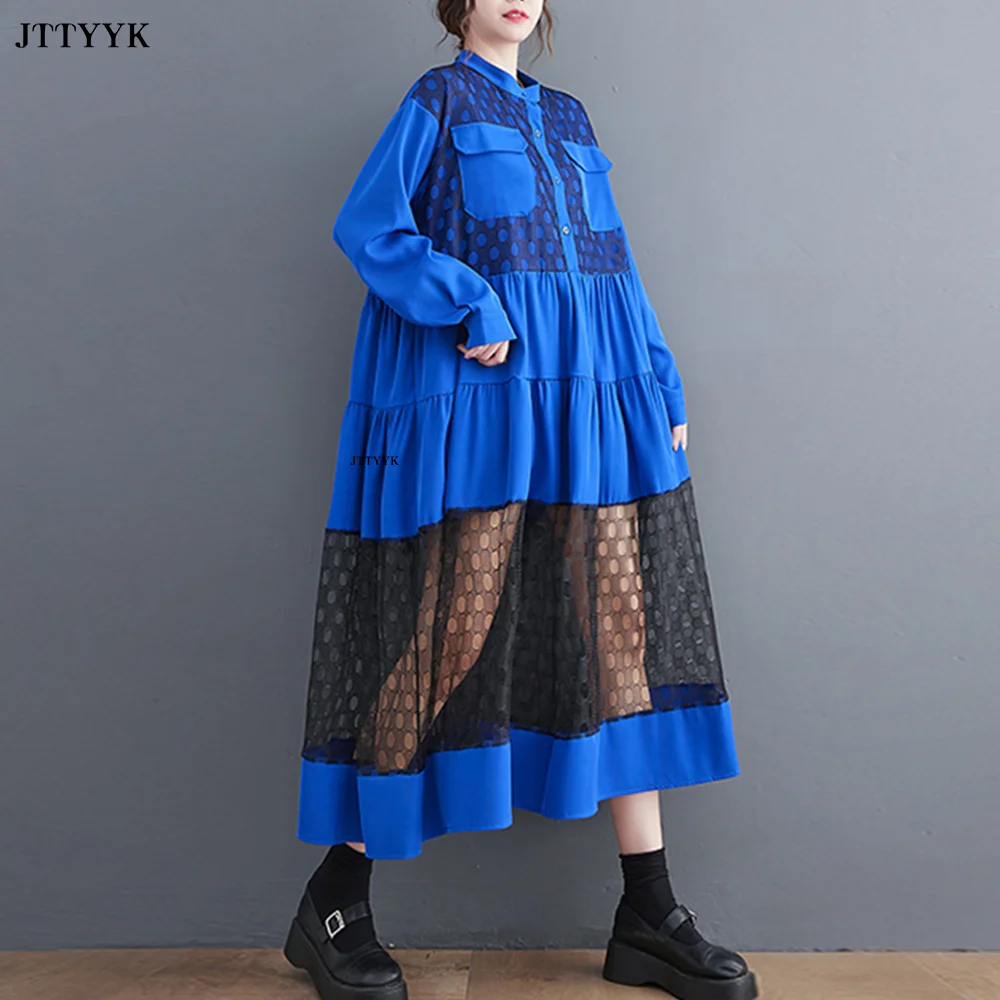 Green Blue Pleated Midi Shirt Dress Women Spliced Mesh Hollow Out Asymmetric Button Front Large Size Dress Female Stand Collar