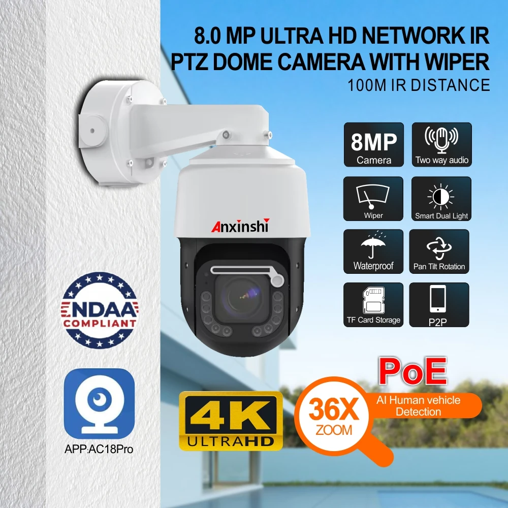 Anxinshi 4K 8MP 30fps IP PTZ Waterdichte ruitenwissercamera POE Outdoor Human Tracking 36x optische zoom NDAA RTMP ONVIF HIK-protocol