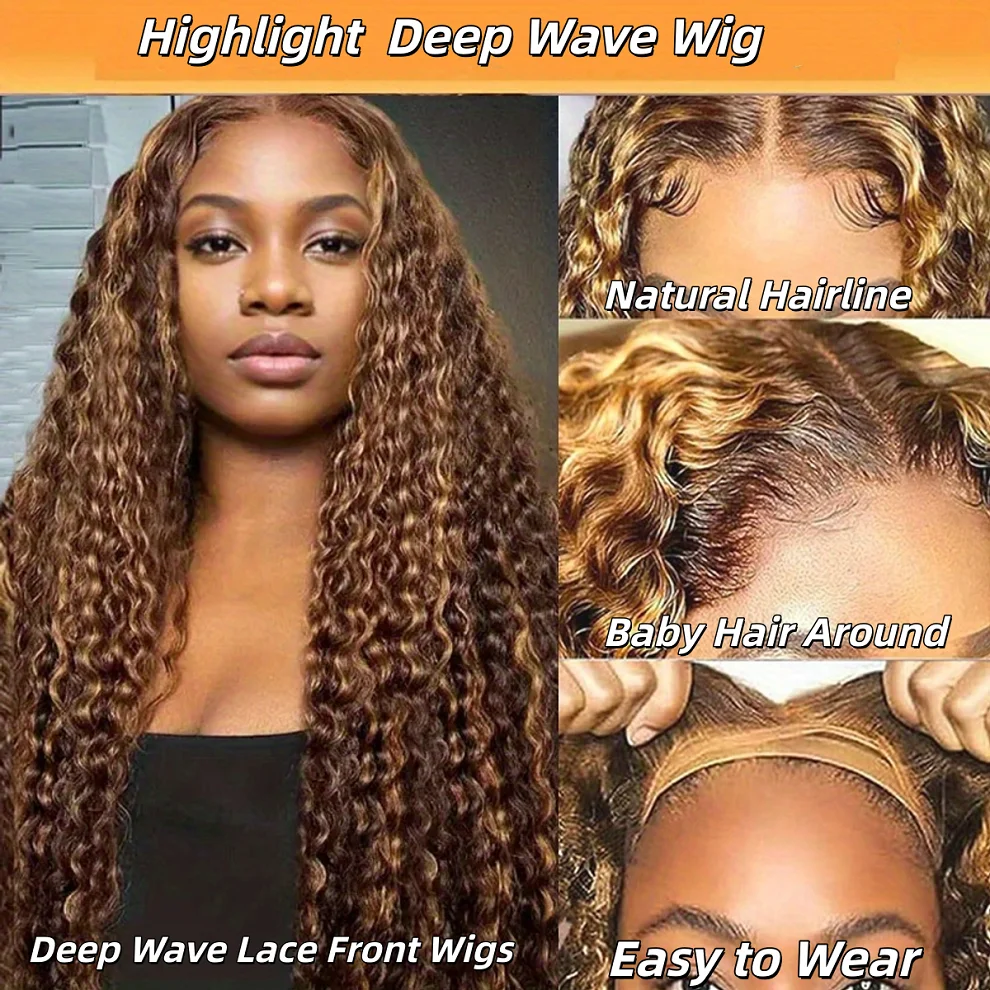 Ombre Highlight Deep Wave Lace Front Perücken aus Echthaar 4/27 Farbig Vorgezupft 13x4 HD Transparente Lockige Lace Frontal Perücke für Frauen Highlight Ombre Lace Front Perücke Echthaar 13x4 HD Honigblond 4/27 Deep Wave Glatte Lace Frontal Perücken – Detail 6