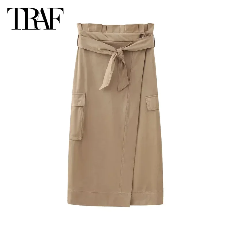 

TRAF Pleated Midi Skirt Long Skirt Women's 2024 Summer Autumn Elegant Ladies Fashion Casual Sashes Butterfly Lace-Up Khaki Skirt