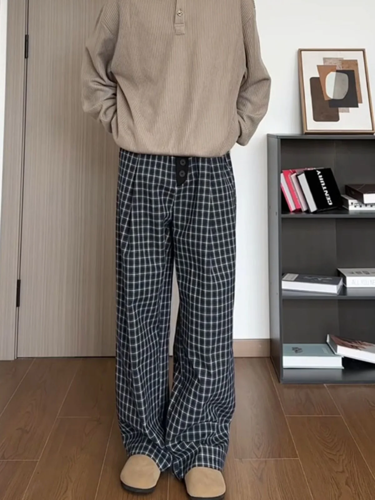 

American Retro Blue Plaid Casual Pants Men's High-End Loose Wide Leg Trousers Youthful Vitali Sle Mid-High Waist Long Pants