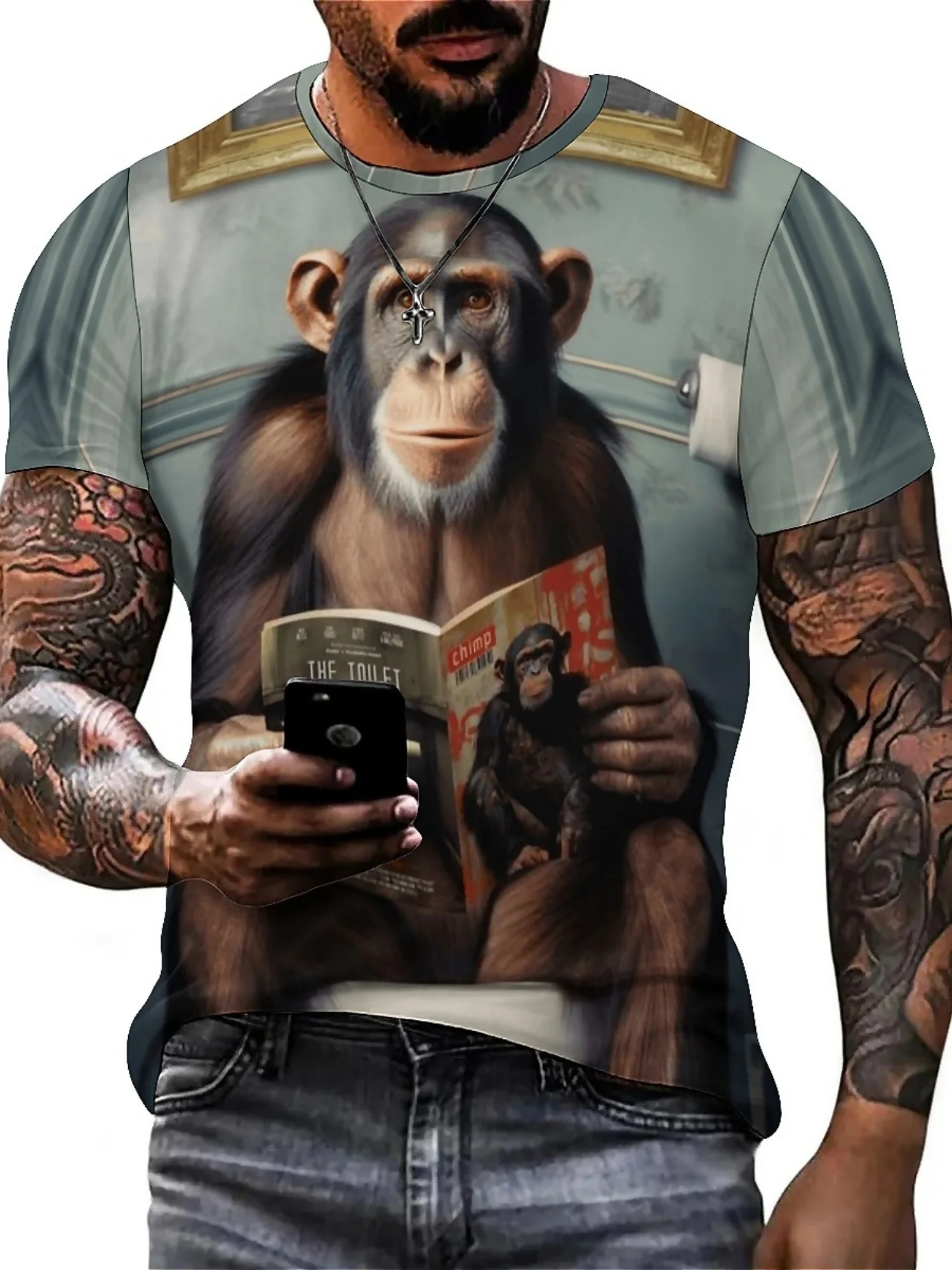 Men's Hip Hop Funny Monkey Reading 3D Graphic T-Shirt - Bold Geometric Print Loose Fit Plus Size Casual Streetwear, Breathable