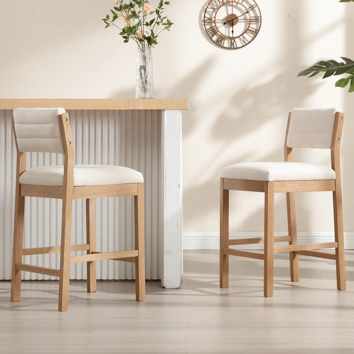 26' Counter Height Bar Stools Set of 2, Modern Upholstered with Back, Wood Legs, Beige Linen Farmhouse Kitchen Chairs