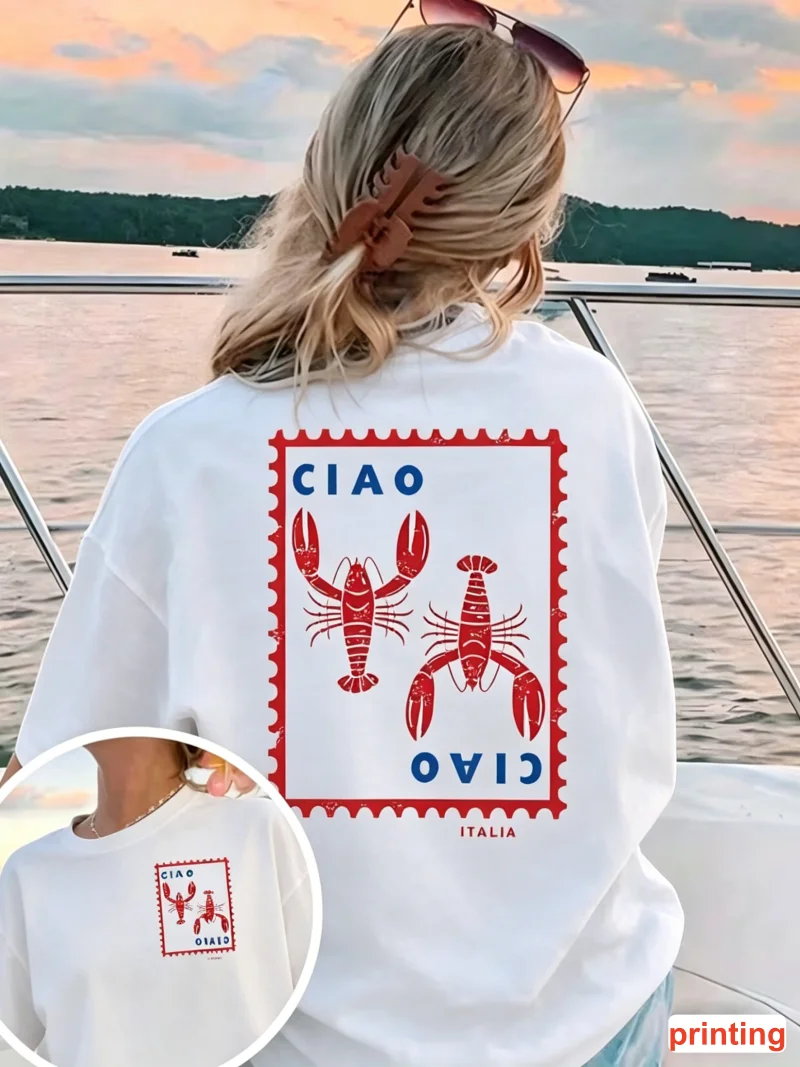 

Ciao Italia Lobster Stamp Print T-shirt Crew Neck Short Sleeve Retro Italian Graphic Tee Summer Beach Casual Daily Streetwear
