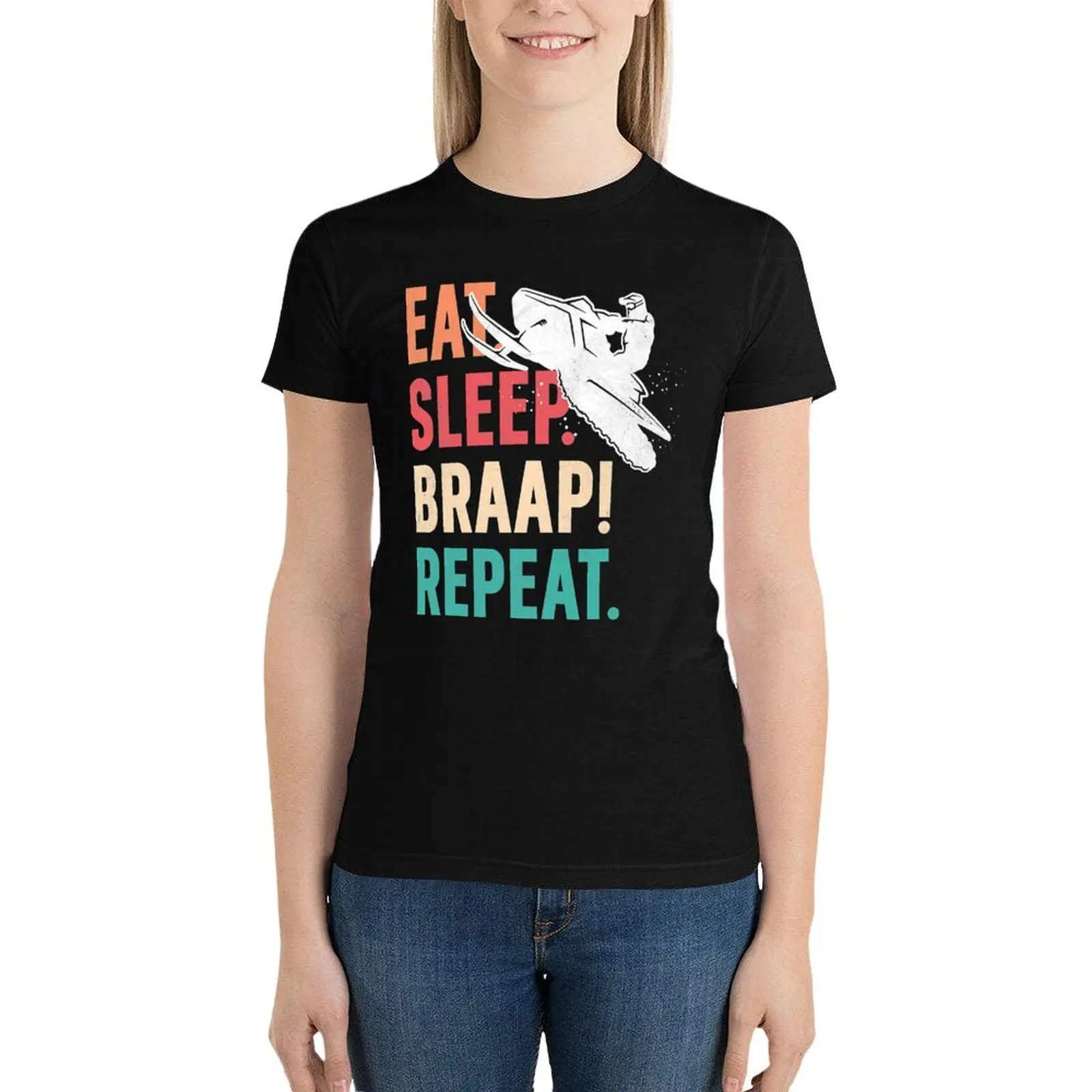 Eat Sleep Braap Repeat Funny Snowmobile Vintage Snowmobiling T-Shirt Aesthetic clothing Short sleeve tee Women's tops