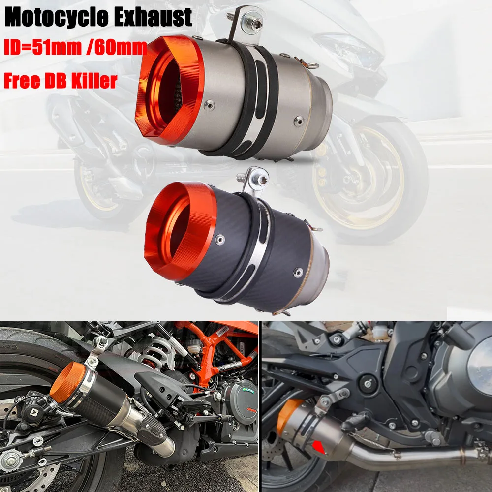Inlet 51mm/60mm Carbon fiber exhaust universal Muffler Pipe Exhaust Pipe Tail pipe orange tip for duke200 390 790adv S1000RR R1