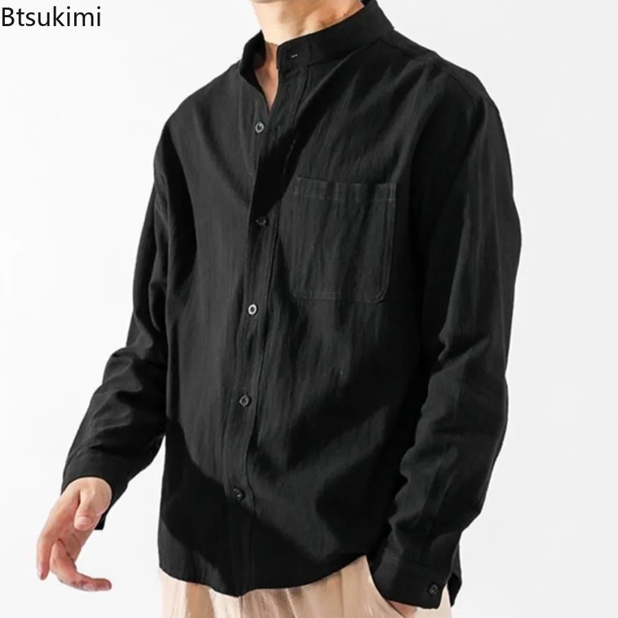 New 2025 Autumn Men's Cotton and Linen Solid Color Shirts with Pocket Fashion Trend Casual Loose Long Sleeves Cardigan for Men