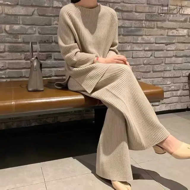 

Korean Style Knitted Two Pieces Sets Women Autumn Winter Thick Woolen Sweater+Elastic Waist Pants Casual 2pcs Suits E1506